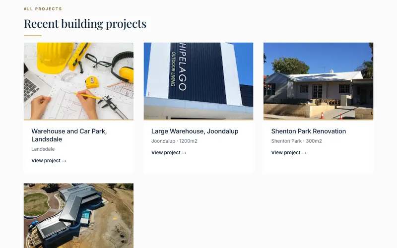 GR Morabito Builders projects page: a card per project with suburb and size