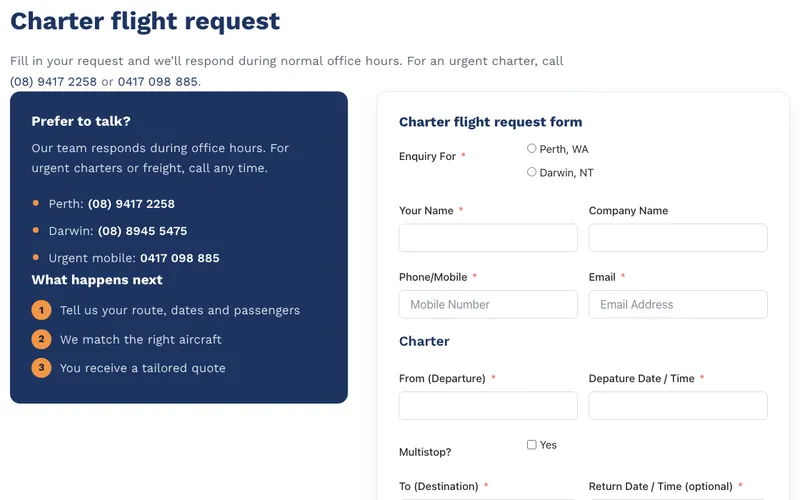 Jandakot Flight Centre charter flight request form
