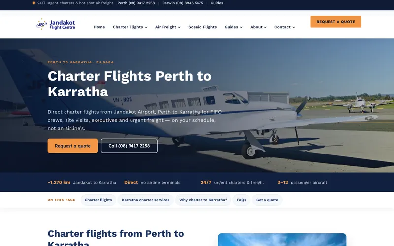 Jandakot Flight Centre Perth to Karratha charter route page
