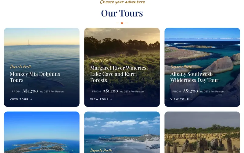 Kookaburra Air Perth tours listing with a price and View tour link on each card