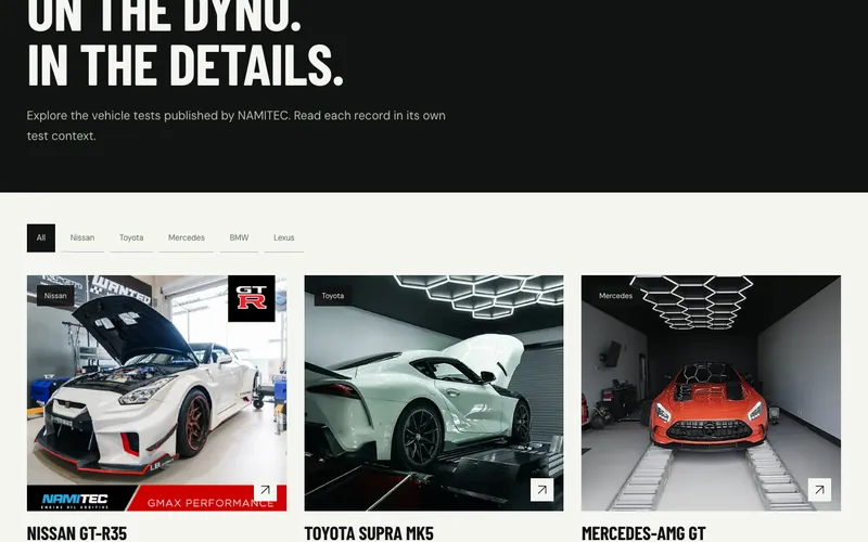 NAMITEC dyno results page with a tile per car