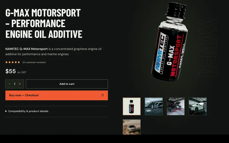 NAMITEC G-MAX Motorsport product page with price and Add to cart