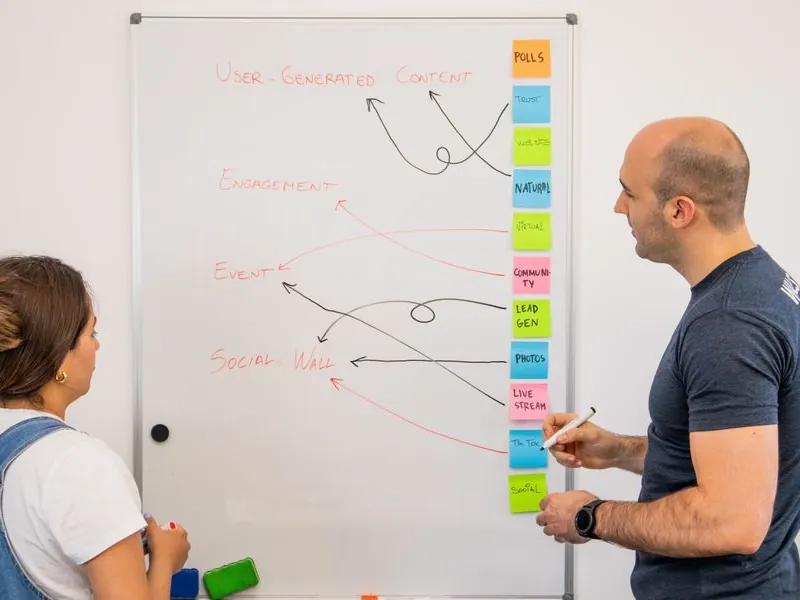 Two colleagues planning a marketing strategy on a whiteboard covered in sticky notes